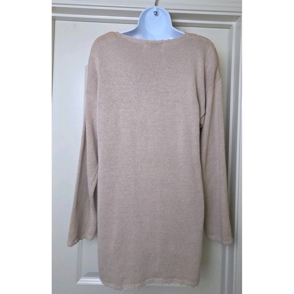 Vtg 1990s Embroidered Pearl Heart Flower Cable Knit Sweater Cottage Tan Tunic M - Picture 6 of 14